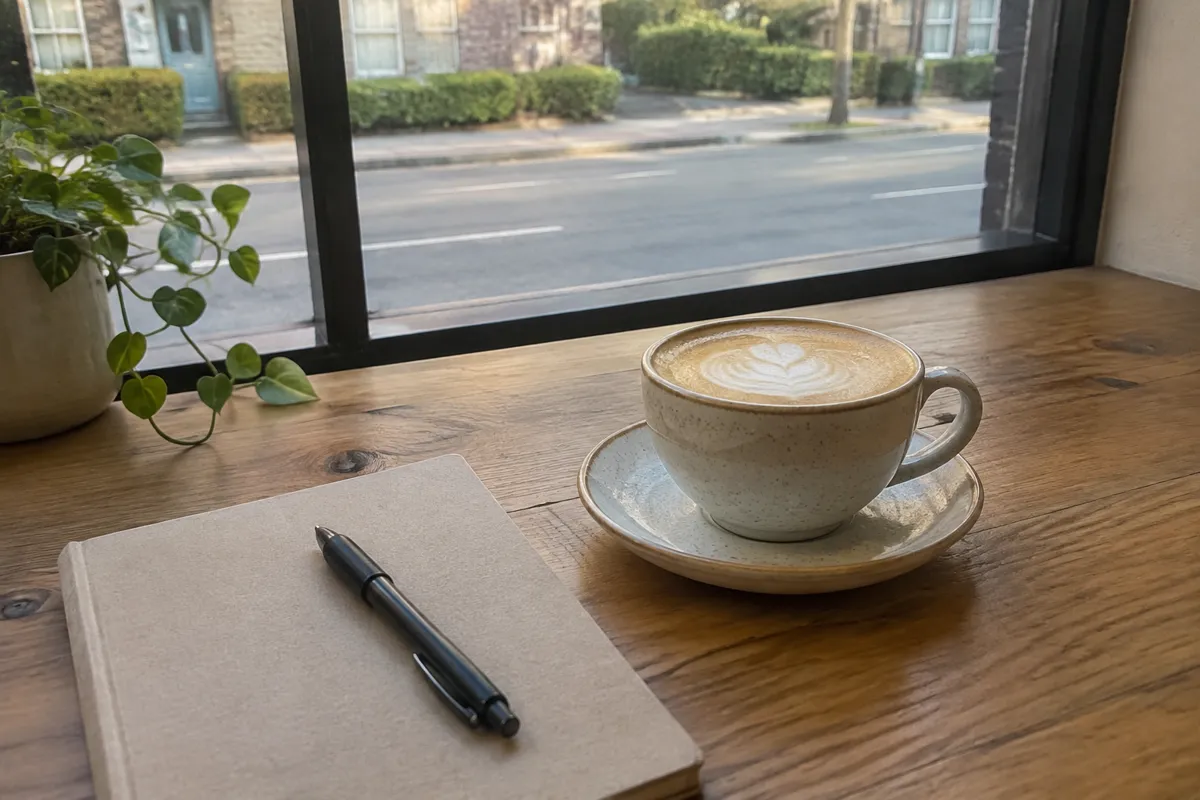 a cafe table by a window with a flat white in a ceramic cup, a notebook and a pen, soft warm daylight