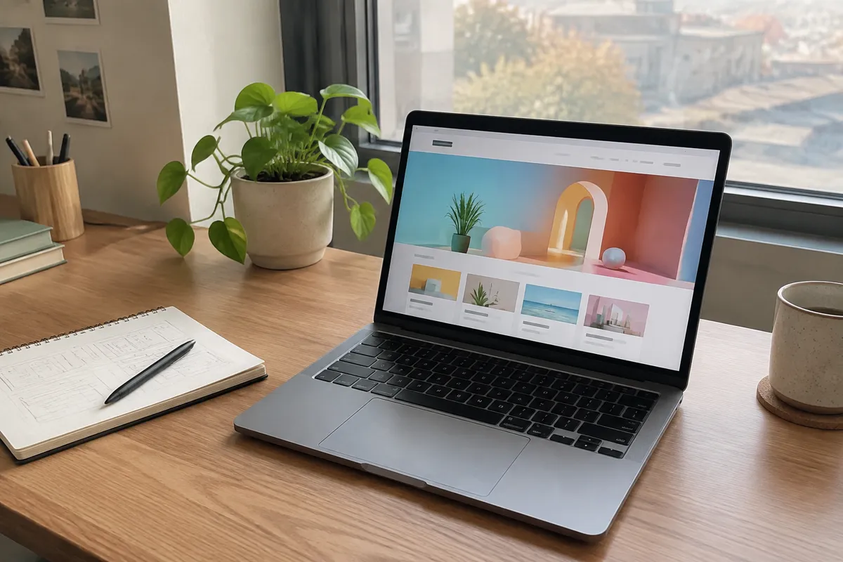 a tidy designer's desk with a laptop displaying a colourful website mockup, a small potted plant, and a notebook, warm daylight