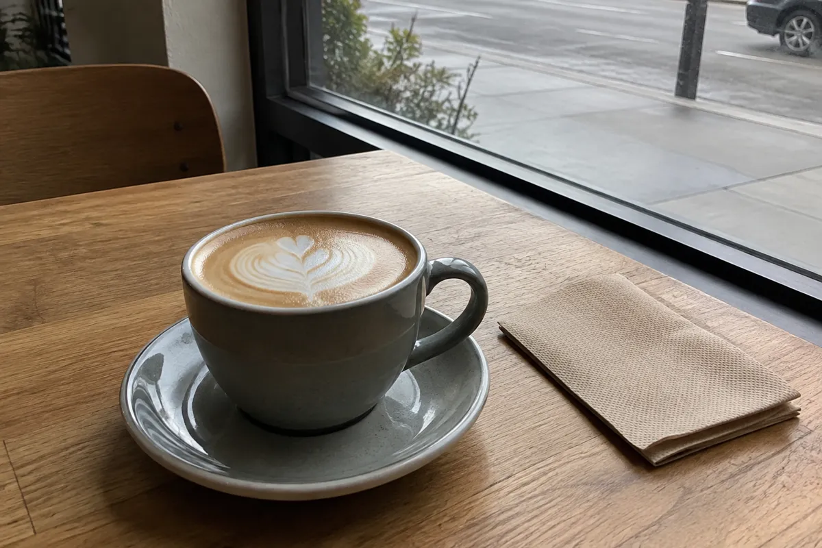 a cafe table by a window with a flat white in a ceramic cup and a folded paper napkin, soft daylight