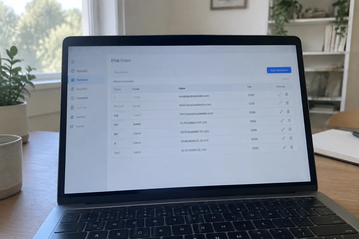 a phone held up photographing a laptop in a bright home studio showing a domain management page with a neat table of DNS records in rows, sc
