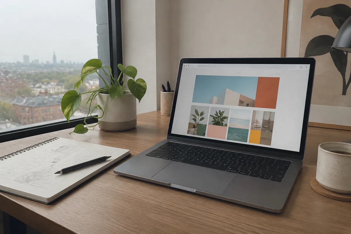 a designer's tidy desk with a laptop displaying a colourful website layout, a small potted plant and a sketchbook beside it