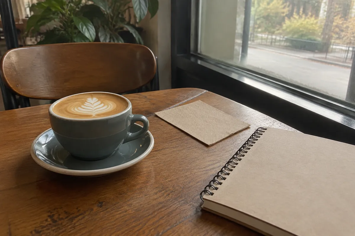 a cafe table with a latte, a paper napkin and a notebook, warm window light
