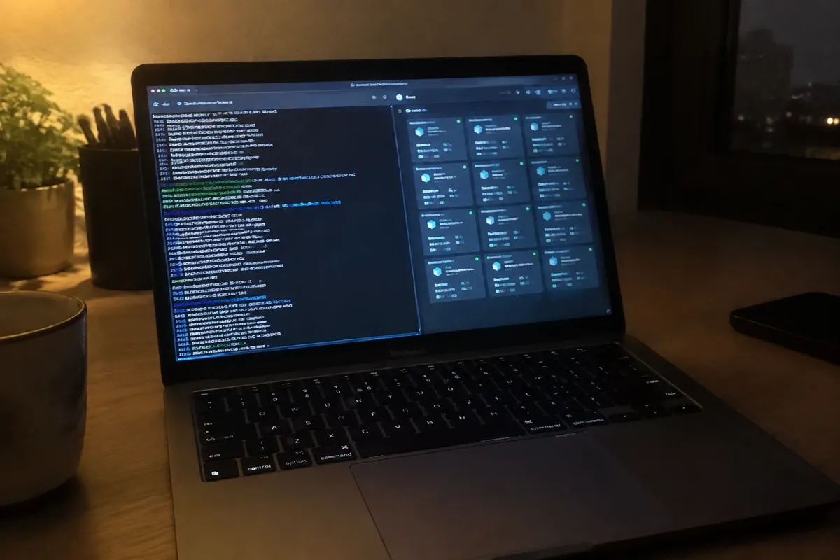 a hand holding a phone photographing a laptop showing a dark terminal window next to a grid of small container tiles on a VPS console, late 