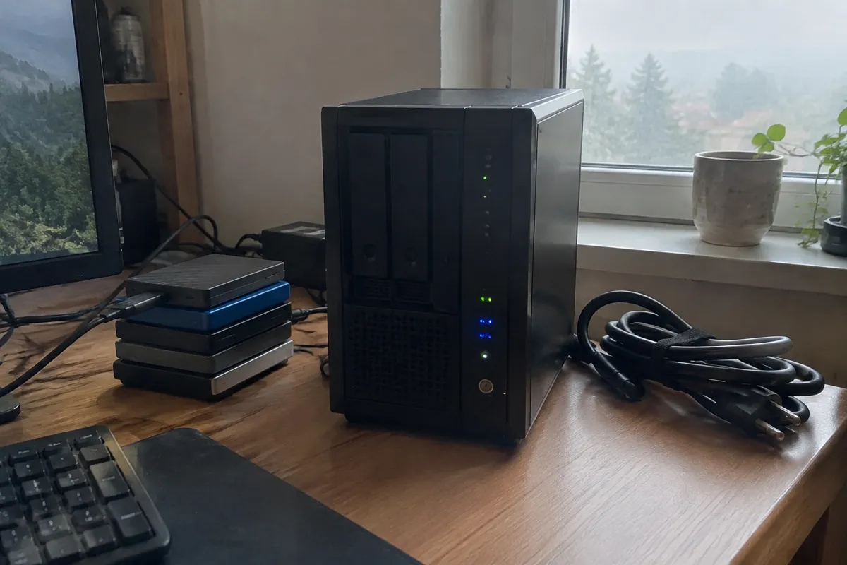 a mini home server tower with a few LEDs blinking on a cluttered desk, a stack of external drives and a coiled power cable beside it