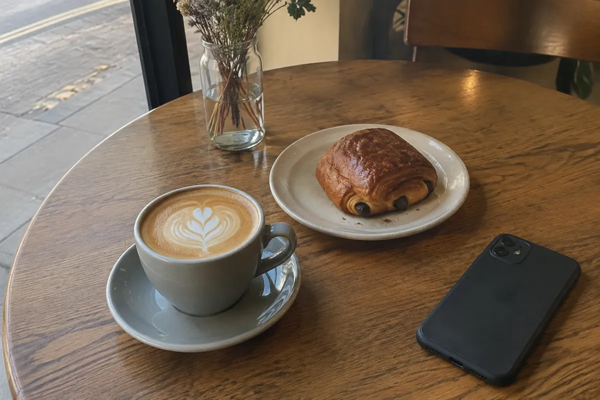 a cafe table with a flat white coffee, a pastry on a small plate and a phone lying face down, warm window light