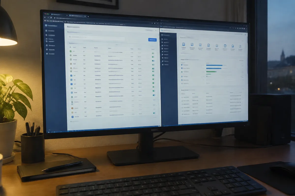 a phone held up photographing a monitor showing a domain management screen with a table of records and a separate hosting control panel tab 