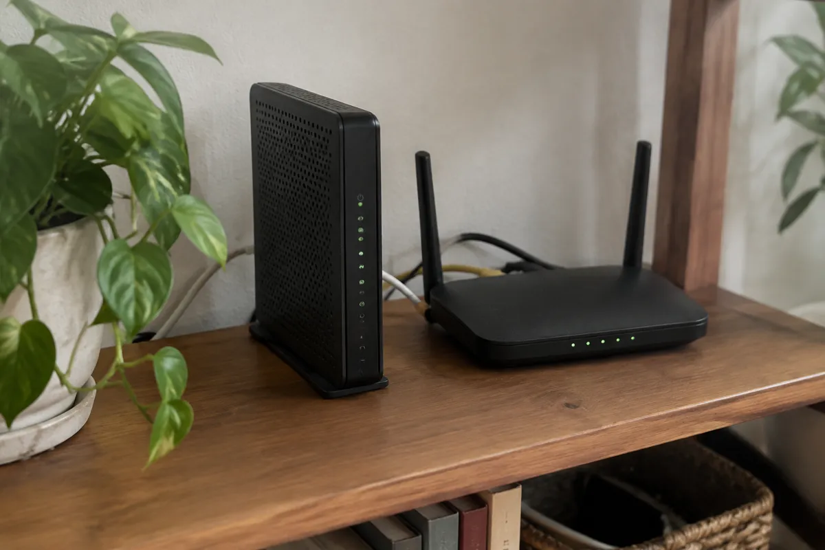 a modem and router sitting on a wooden shelf with a couple of cables plugged in, small status lights glowing, a houseplant nearby