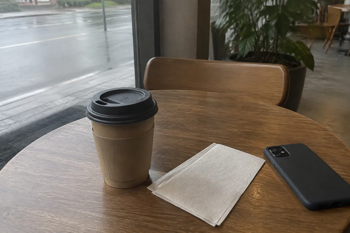 a cafe table with a takeaway coffee, a paper napkin and a phone resting face down, soft daylight