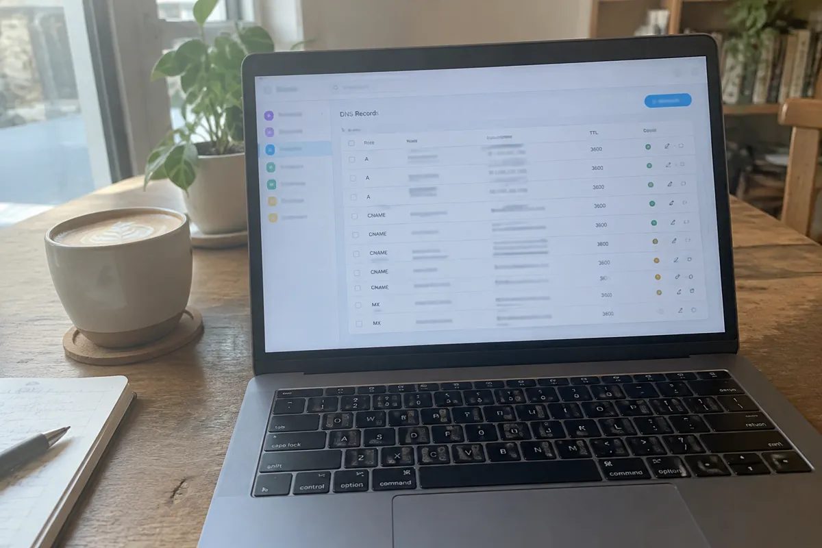 a hand holding a phone photographing a laptop screen showing a DNS records table with rows of A, CNAME and MX entries in a colourful domain 
