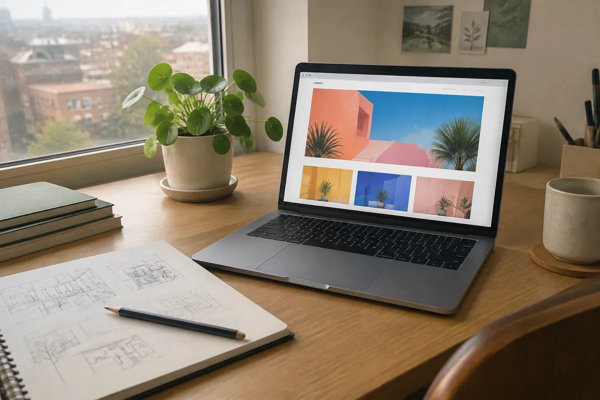 a tidy designer's desk with a laptop showing a colourful website homepage, a small potted plant and a sketchbook, warm daylight