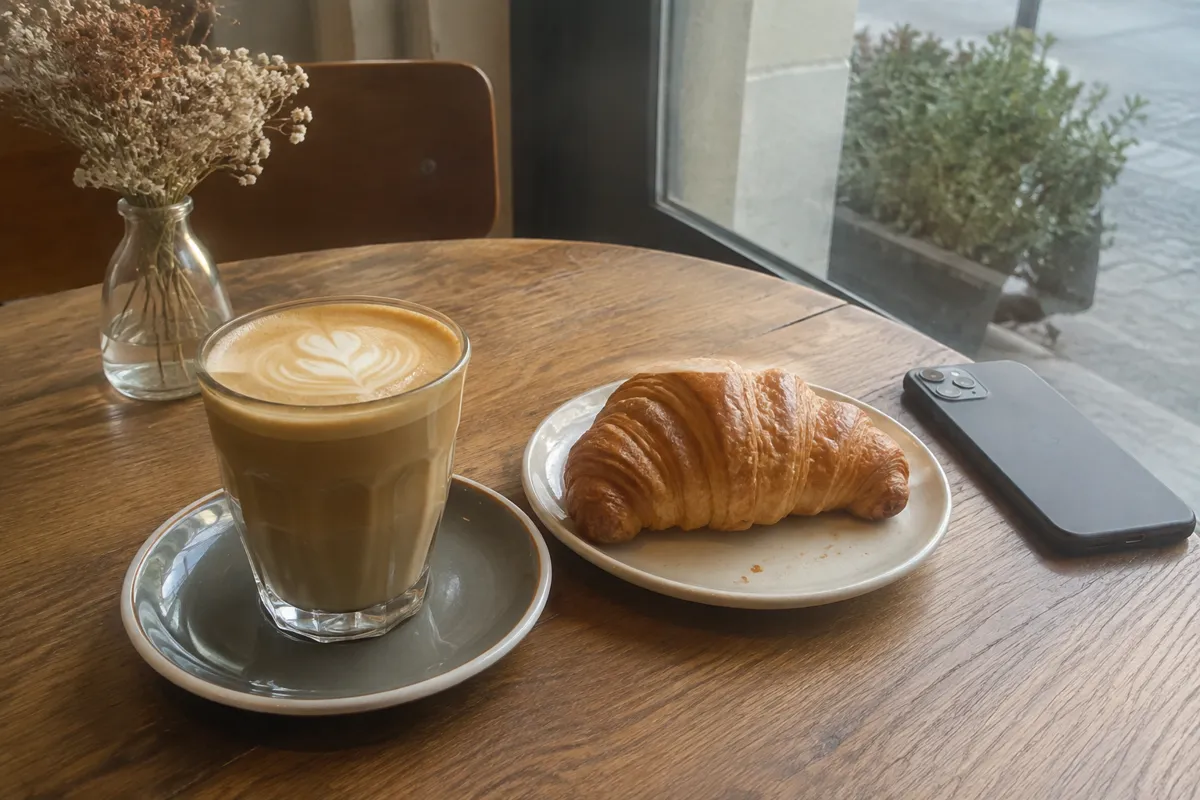 a cafe table with a flat white in a glass cup, a croissant on a small plate and a phone lying face down, warm window light