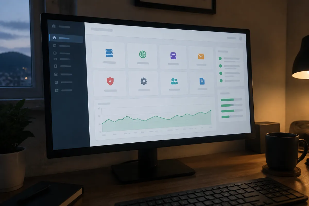 a phone held up photographing a monitor showing a hosting control panel with a grid of icons and an uptime graph, evening techy home office