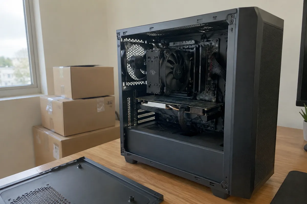 a desktop tower with a side panel open on a desk, a few cardboard shipping boxes stacked in the background