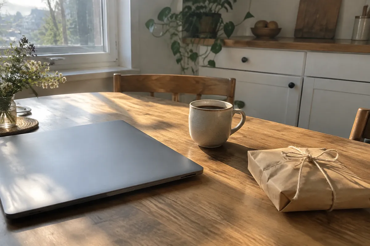 a sunlit kitchen table with a laptop closed, a coffee cup and a small paper parcel tied with string
