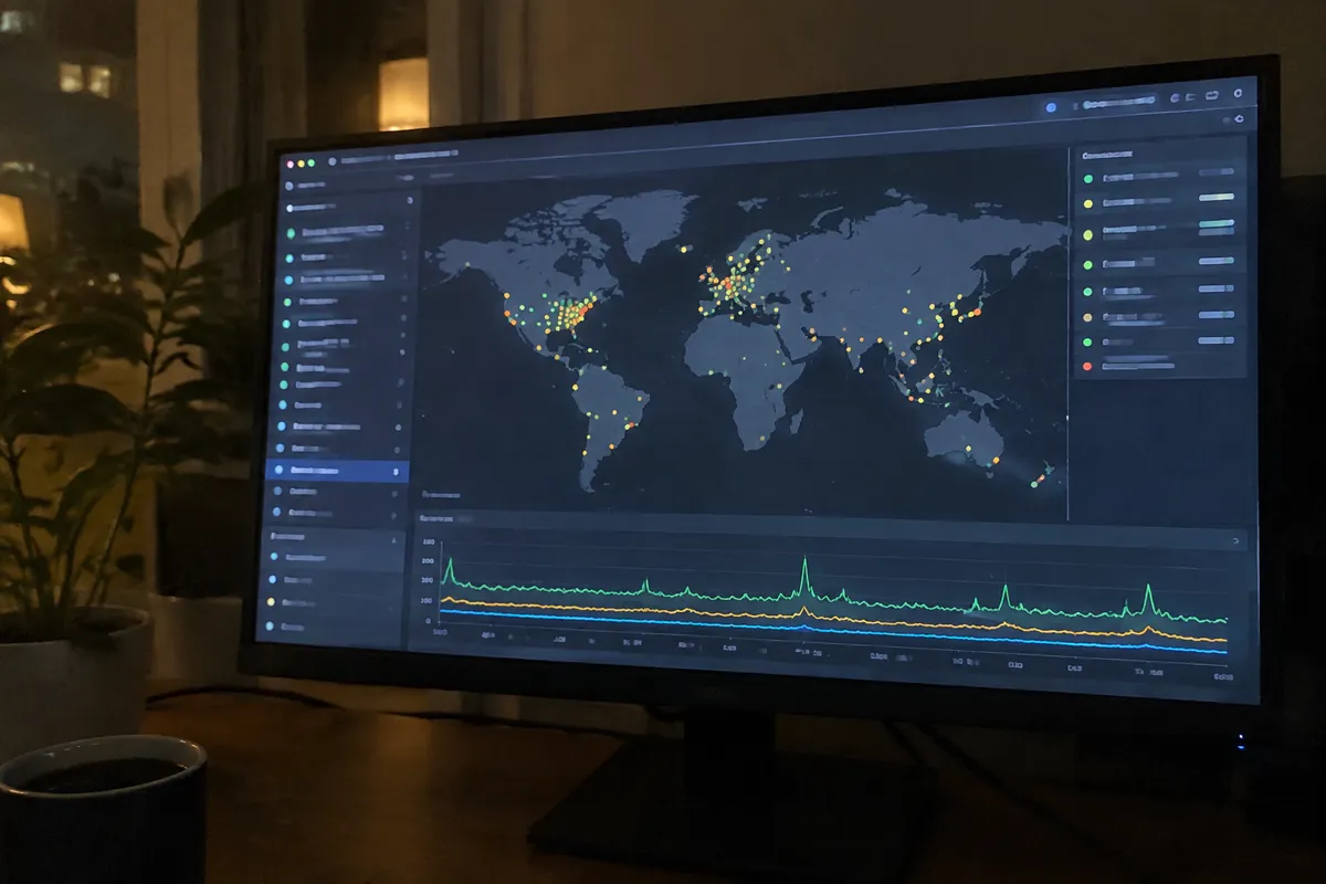 a hand holding a phone photographing a monitor at night showing a world map with scattered dots and a latency graph from a global server con
