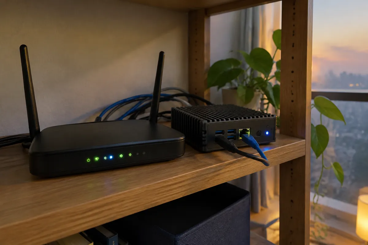 a compact home router and a small fanless mini server on a shelf with a few blinking LEDs and short patch cables, evening glow
