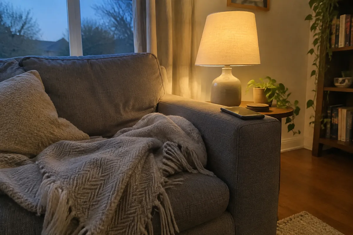 a sofa with a throw blanket and a phone resting on the arm beside a lamp, cosy evening living room