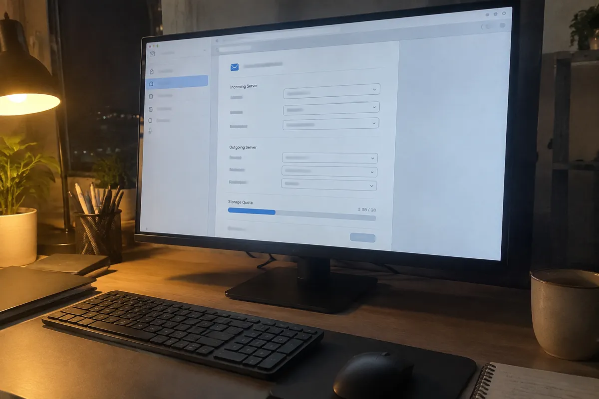 a phone held up toward a monitor showing a mailbox settings page with server fields and a storage quota bar, techy desk at night with a glow