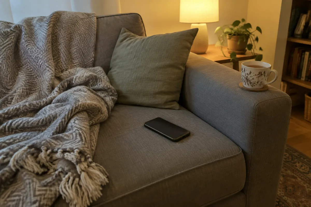a sofa with a throw blanket, a phone resting on the cushion and a mug of tea on the armrest in warm lamp light