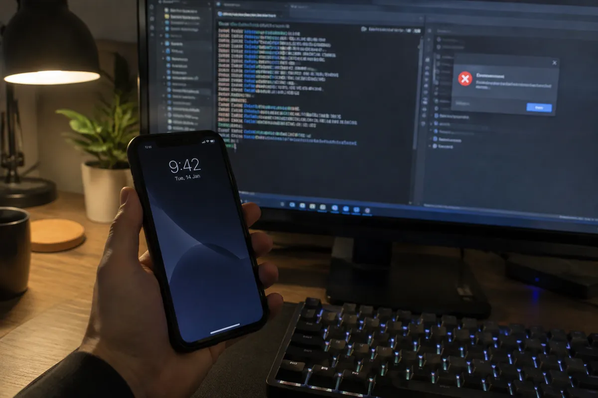 a hand holding an iPhone up to a monitor at night in a techy home office, the monitor showing a database server terminal and a connection er