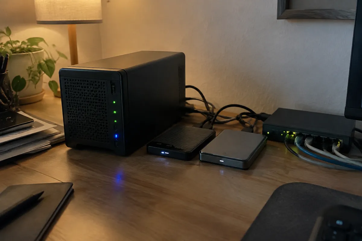 a mini home server box with blinking LEDs next to two external hard drives and a small network switch on a cluttered desk, evening lamp ligh