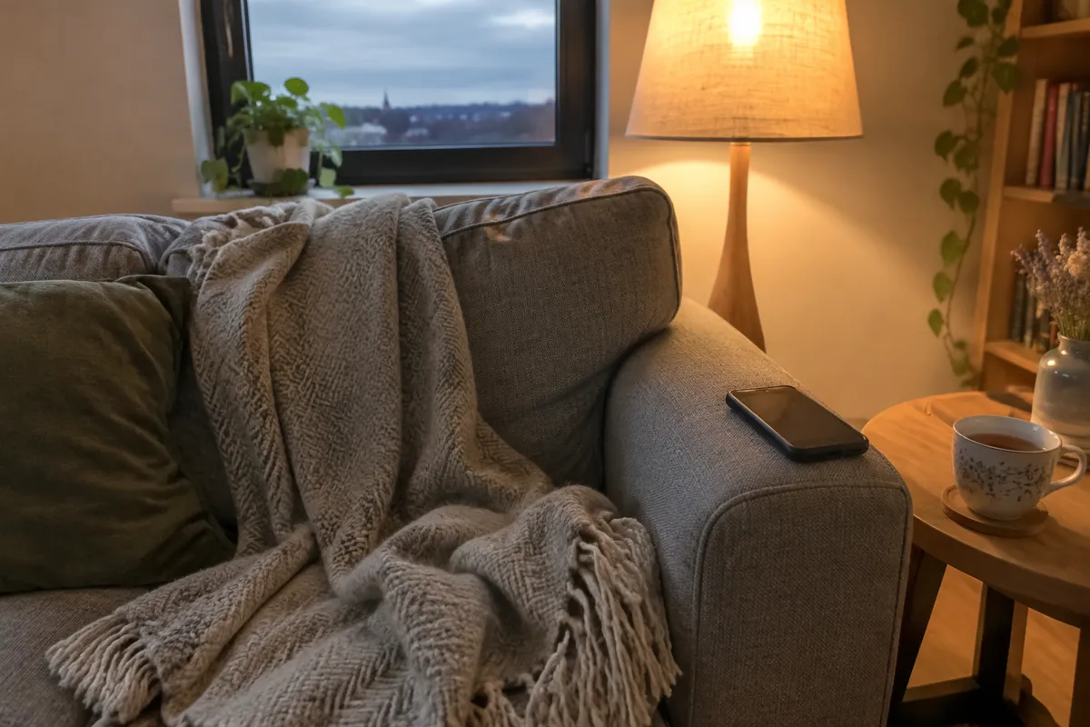 a sofa with a throw blanket and a phone resting on the armrest, lamplight in the evening, a cup of tea on a side table