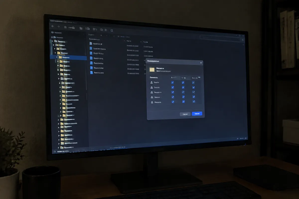 a phone held up photographing a dark monitor in a home office at night, showing a file manager window with a folder tree and a permissions d