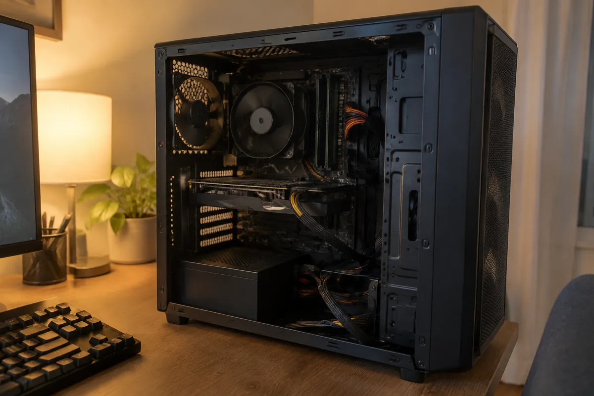 a desktop tower with the side panel off showing internal fans and cables, on a desk beside a keyboard, evening lamp light