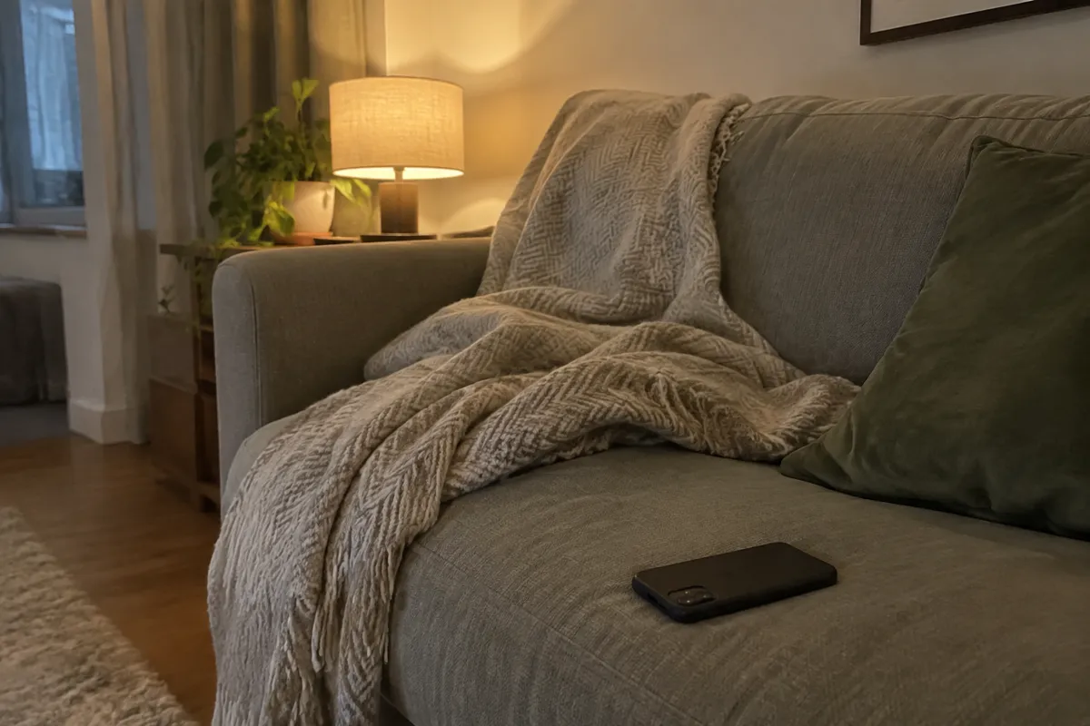 a sofa with a throw blanket and a phone lying face down on the cushion, lamp light in the evening