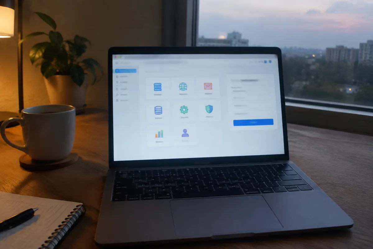 a phone held up photographing a laptop showing a basic hosting control panel with a grid of simple icons and a sign-up style page, evening d