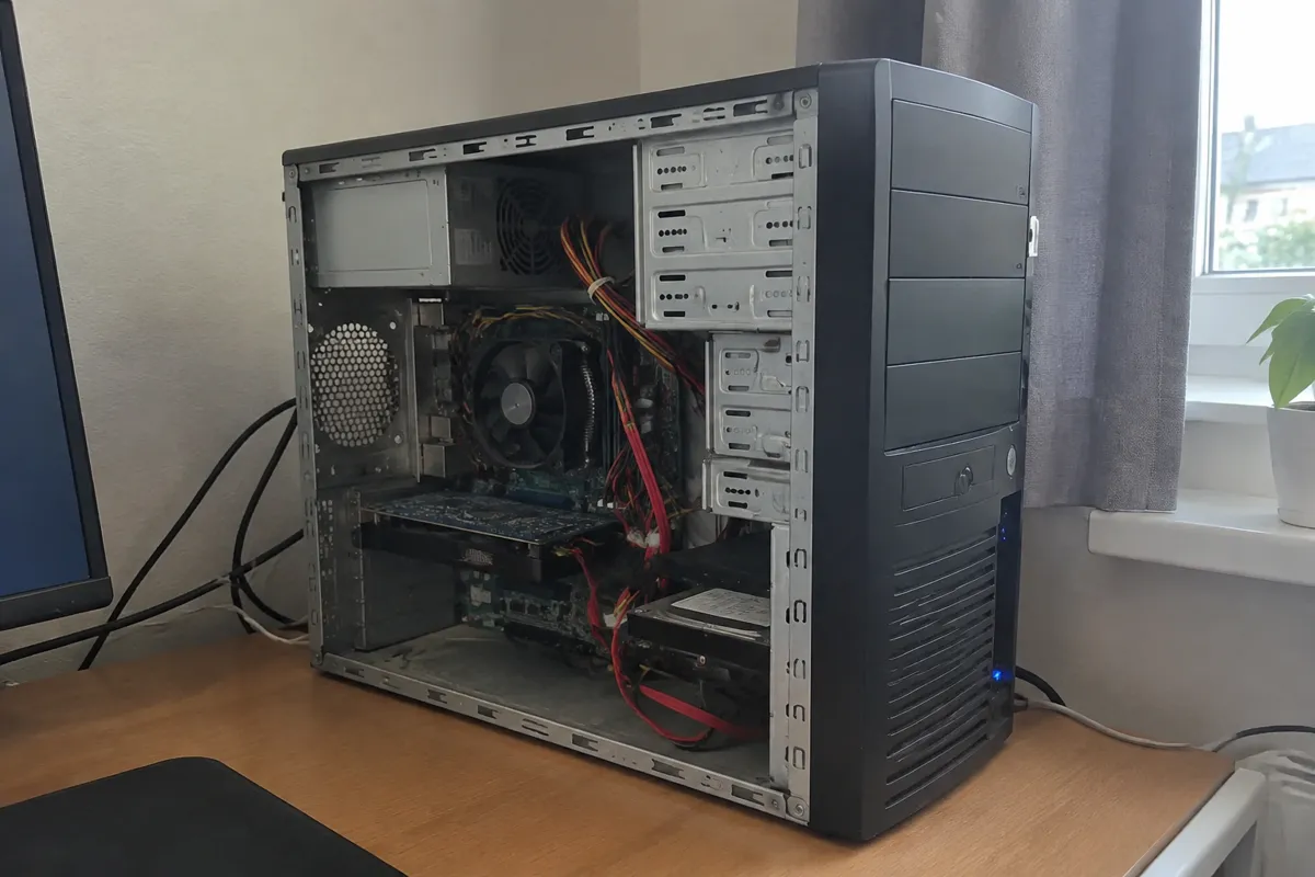 a retired desktop tower with its side panel off on a desk, a few visible cables and a tiny glowing power LED