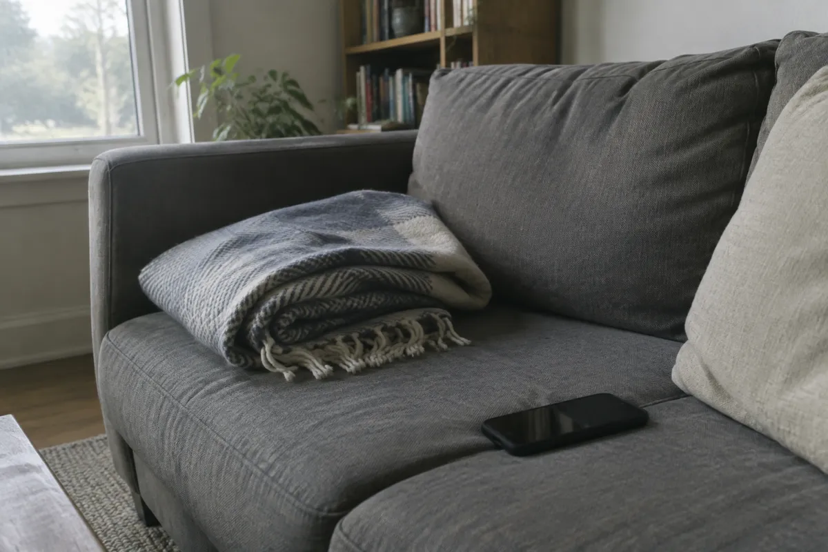 a sofa with a smartphone and a folded blanket, soft afternoon light from a nearby window