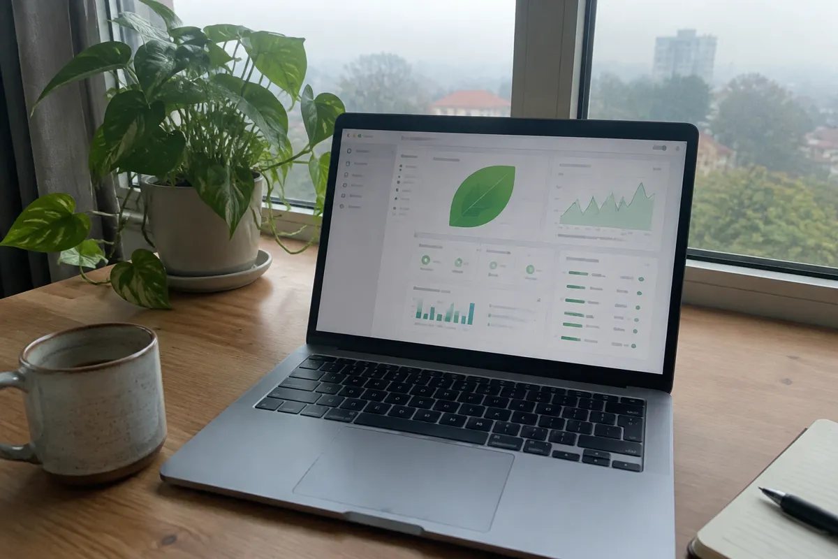 a hand holding a phone photographing a laptop showing a hosting dashboard with a green leaf-shaped energy usage graph, desk by a window with