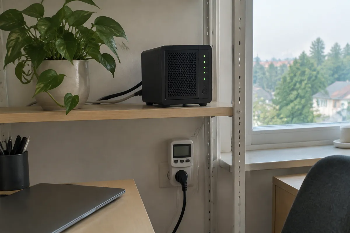 a small server on a shelf with a few green LEDs beside a houseplant and a power meter plug, tidy home office, soft daylight