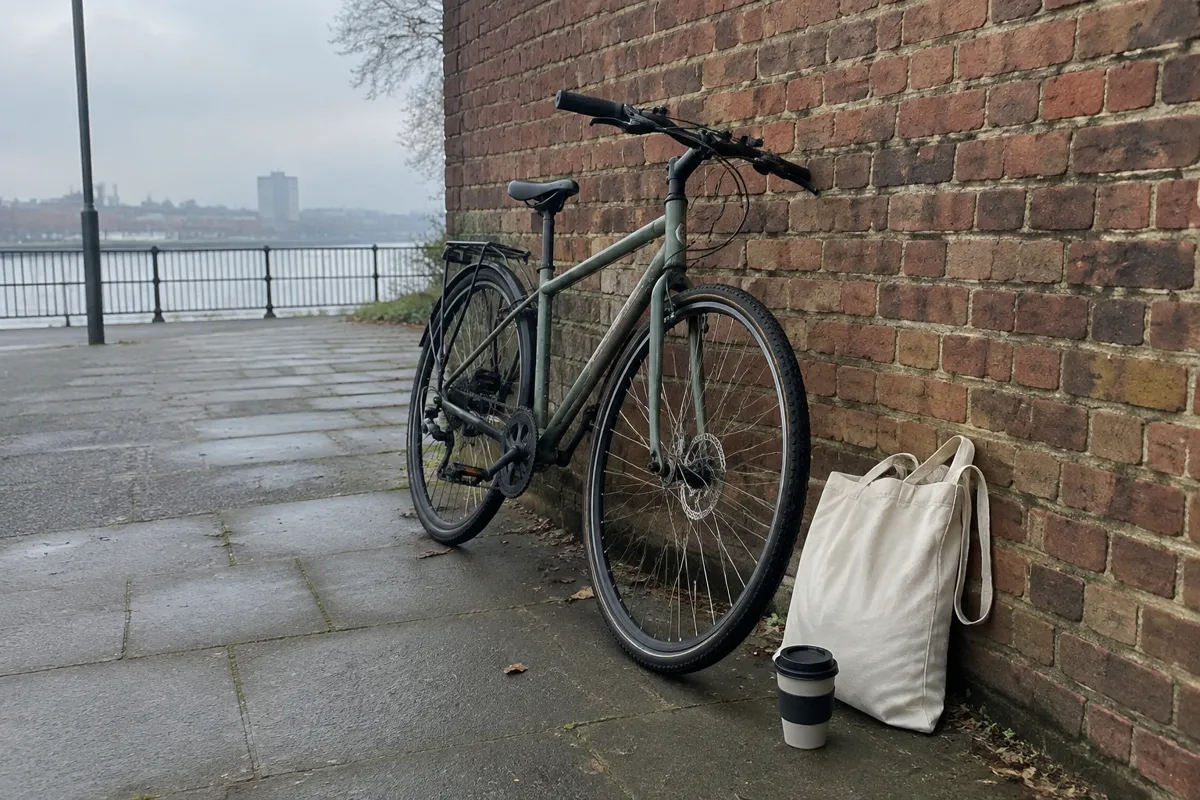 a bicycle leaning on a brick wall beside a canvas tote bag and a reusable coffee cup, overcast morning