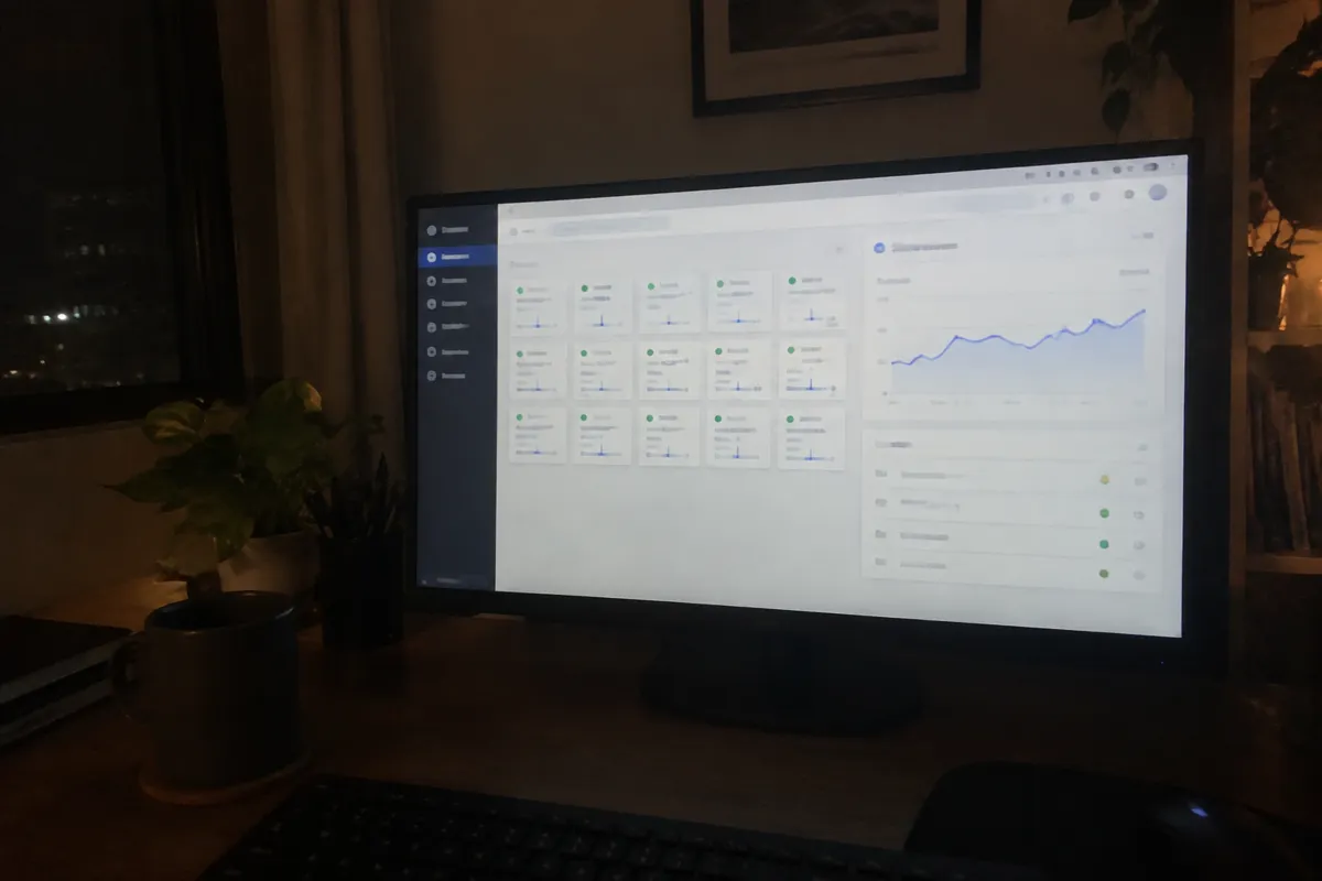 a phone held up photographing a monitor showing a cloud console with several small server nodes drawn as a grid and a load graph, a dim home
