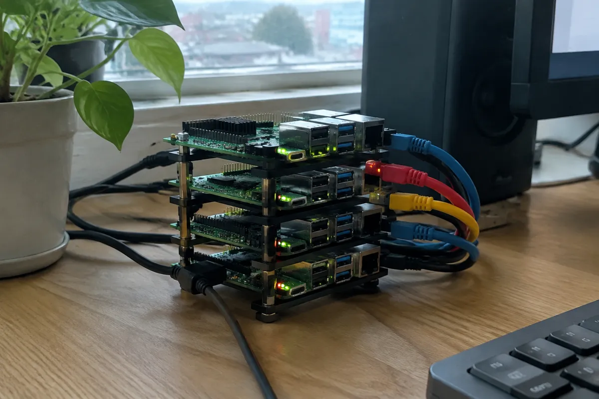 a tidy cluster of several small single-board computers stacked together with blinking LEDs and short coloured cables on a desk