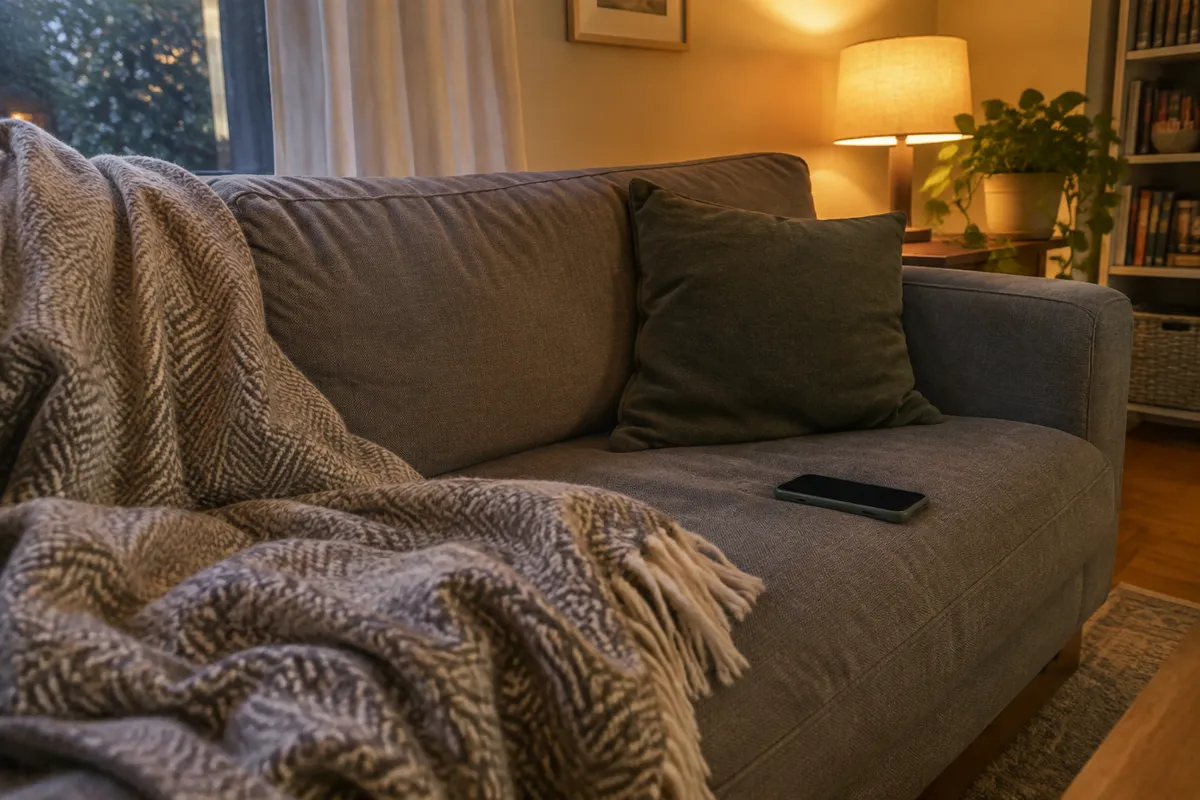 a sofa with a throw blanket and a phone resting on the cushion, warm lamp light in the evening