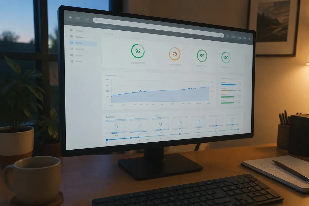 a hand holding a phone photographing a monitor displaying a page-speed result with circular score gauges and a loading timeline graph, a tec
