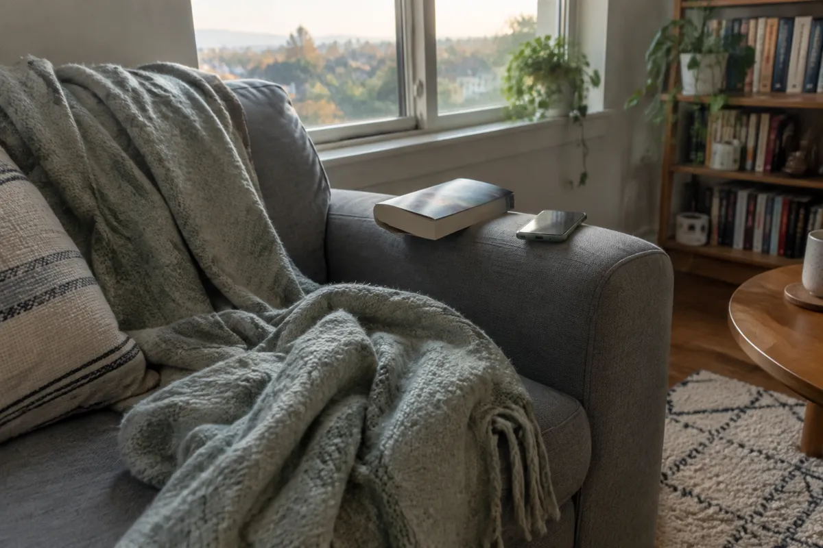 a sofa with a throw blanket and a phone resting on the armrest beside a half-read paperback, soft late afternoon light