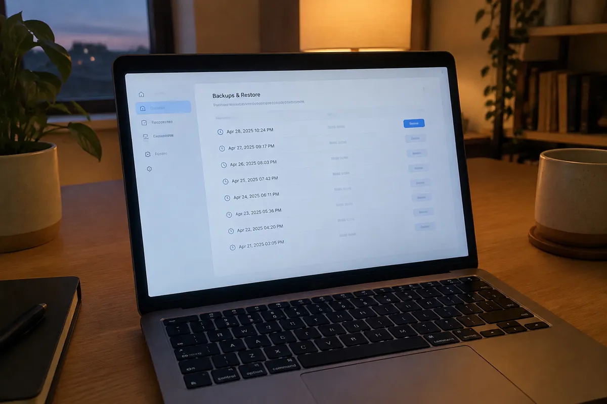 a phone held up photographing a laptop showing a backups and restore screen with a list of dated snapshots, evening home office glow