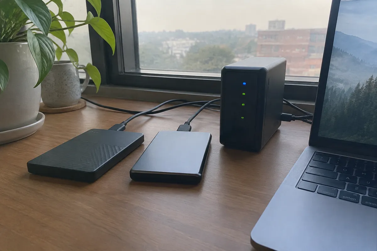 two external hard drives and a small network storage box with blinking LEDs beside a laptop on a desk