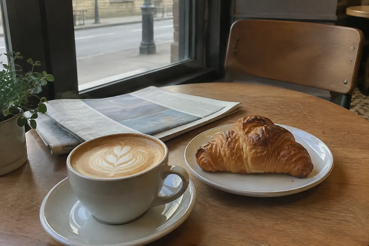 a cafe table with a flat white, a croissant on a plate and a folded newspaper