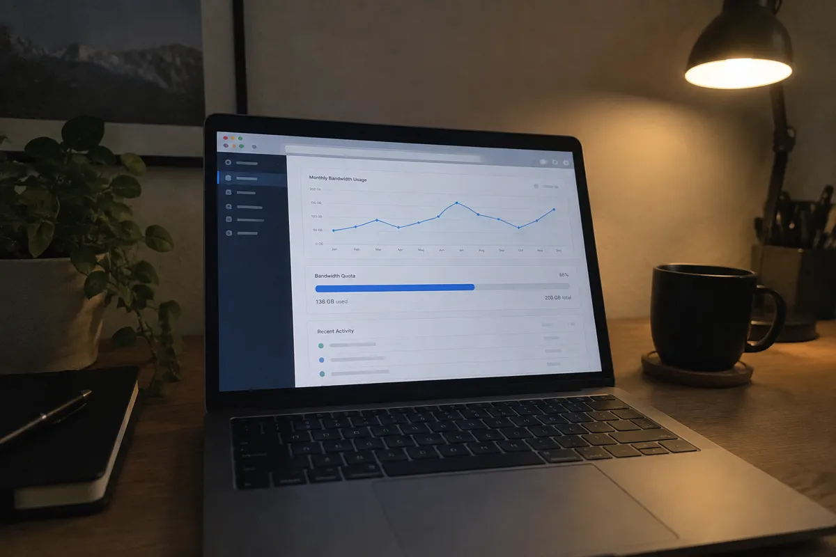 a hand holding a phone photographing a laptop showing a hosting panel with a monthly bandwidth usage line graph and a progress bar, dim home