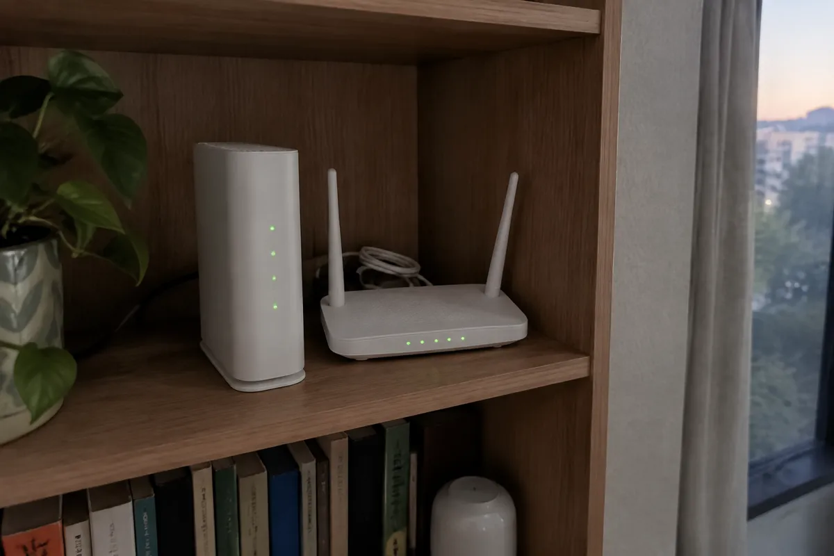 a white modem and router on a bookshelf with a few green status lights and a power cable coiled behind, soft evening light