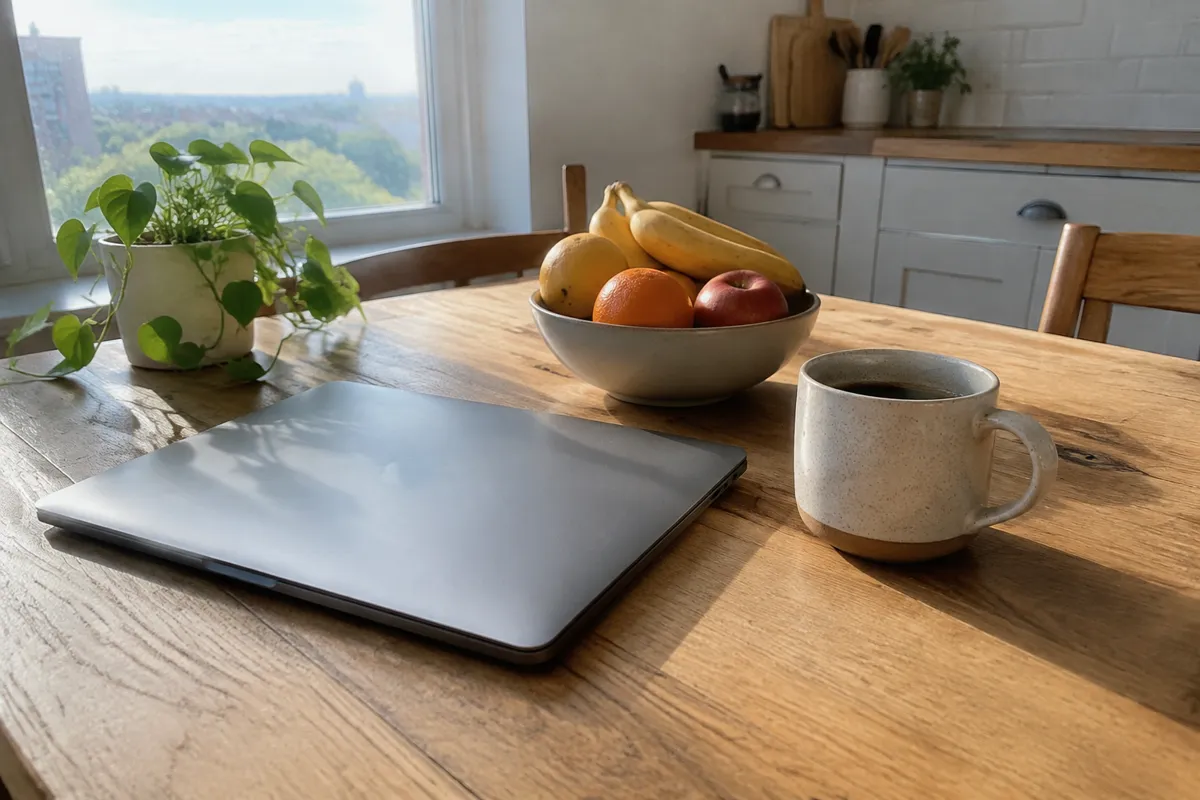 a sunlit kitchen table with a closed laptop, a bowl of fruit and a coffee mug, bright morning