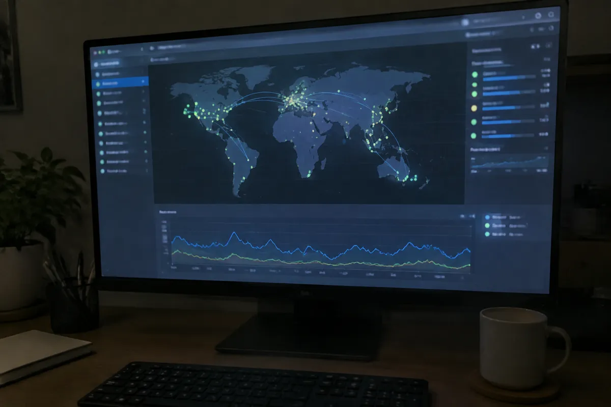 a phone held up toward a monitor showing a world map of connected edge locations with a latency graph, dark home office lit by the screen