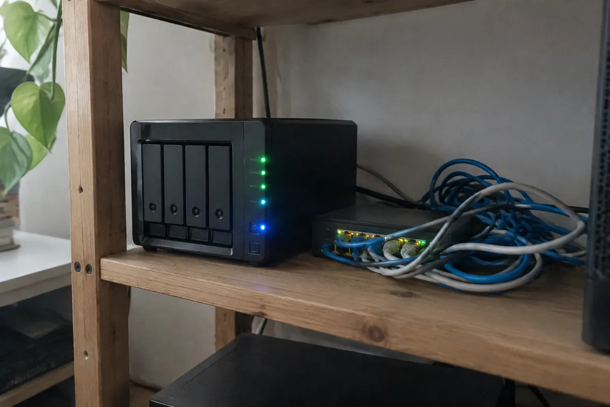 a mini home server with blinking LEDs next to a tangle of ethernet cables on a wooden shelf