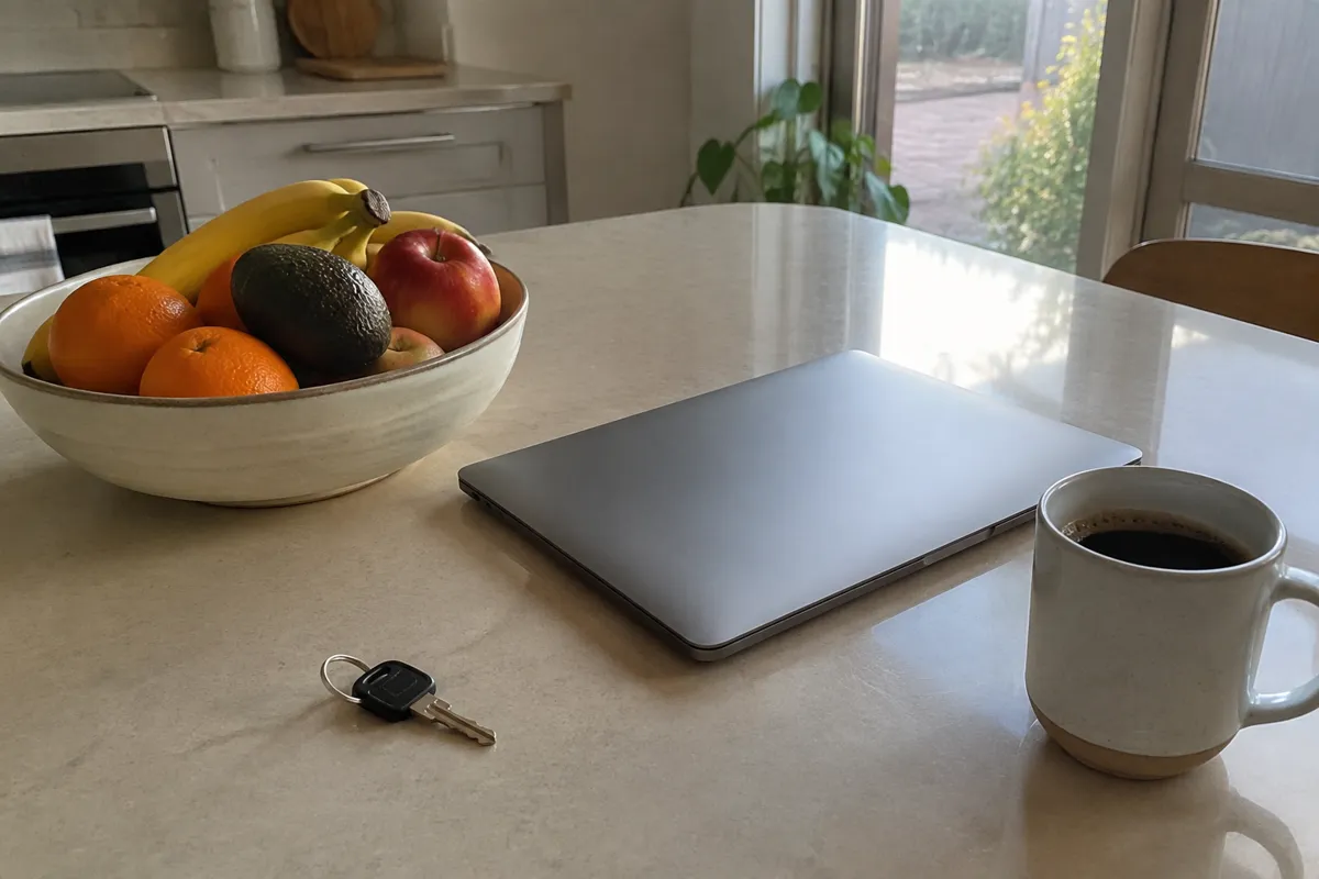 a kitchen bench in morning light with a bowl of fruit, a laptop closed beside a house key and a coffee