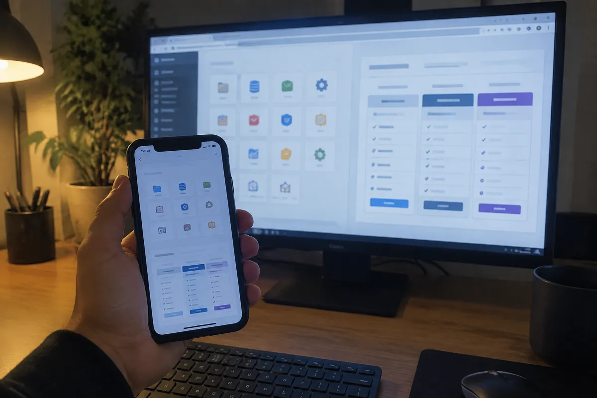 a hand holding an iPhone up to a monitor in a techy home office, the monitor showing a hosting control panel grid of icons next to a side-by